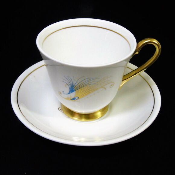 1950's Windsor Caribbean TEA CUP & SAUCER Mid Century Gold Blue Feathers England - Picture 9 of 10